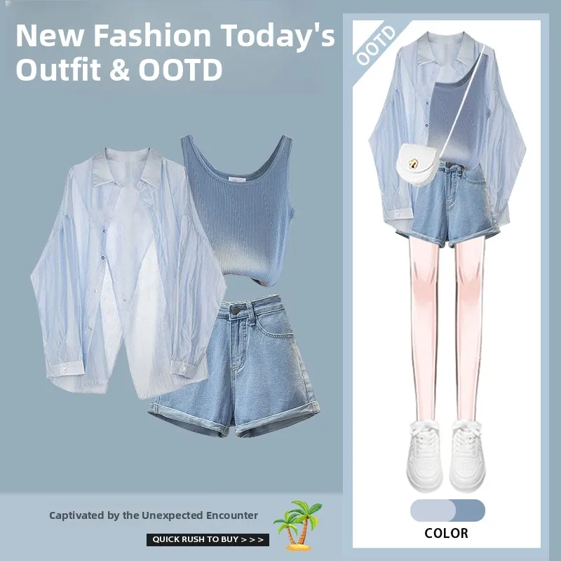 

Летний комплект Faion для женщин, горячий дизайн для девочек, солнцезащитная одежда, внутренний жилет, модный джинсовый комплект футболок