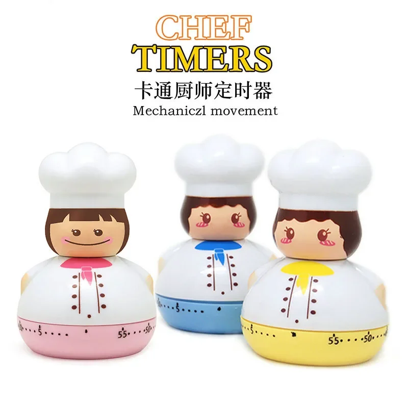 

Cartoon Chef Shape Timer 60 Minutes Mechanical Battery-free Timer Cooking Baking Pot Soup Creative Kitchen Supplies