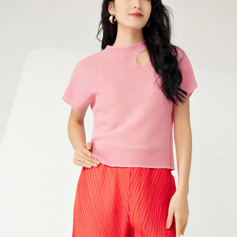 มิยาเกะพรีเมี่ยมสไตล์ฤดูร้อนสีทึบหลวมและเรียบง่ายอเนกประสงค์กระดูกไหปลาร้าบุคลิกภาพเสื้อยืดด้านบน [24716zsj-1048C]