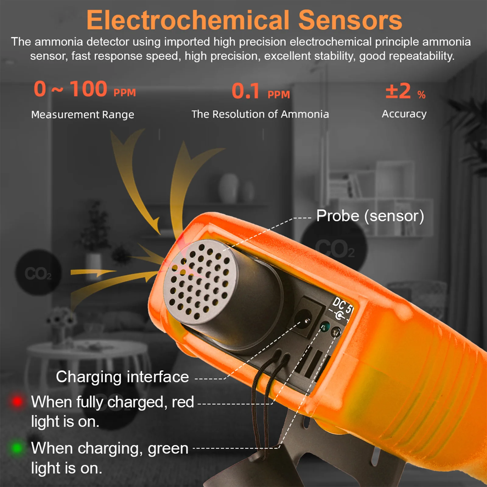 Ammonia Gas Detector NH3 Monitor 0-100ppm Electrochemical Sensor with Dual Alarm Temp Humidity LCD for Farm Chemical Industrial