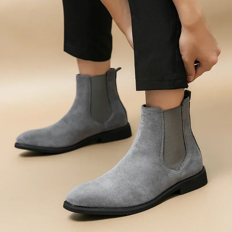 

New Gray Chelsea Boots for Men Flock Business Men Ankle Boots Cowboy Boots Handmade Men Size 38-46 Zapatos De Hombre