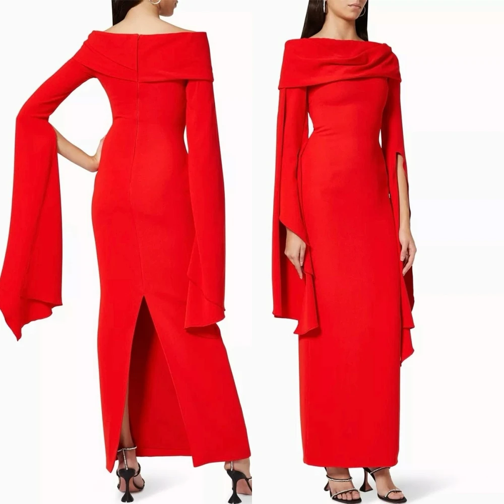 

Customized Luxury Jersey Evening Dress Delicate Long Sleeves Boat Neck Prom Dresses Temperament Back Slit Special Occasion Gowns