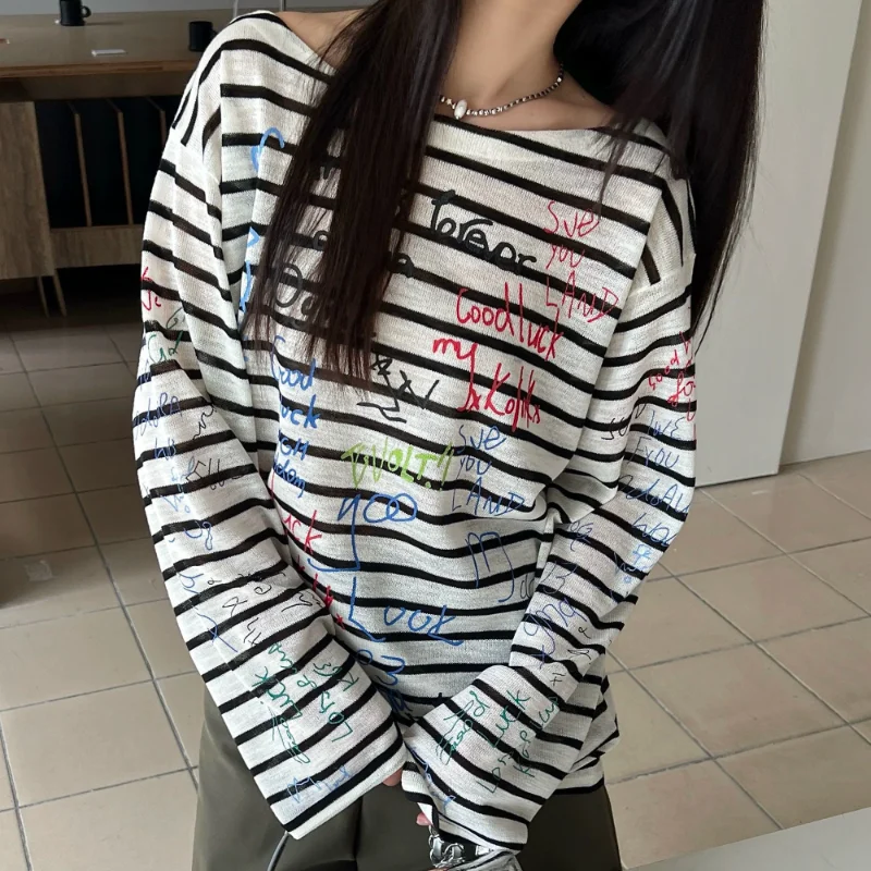 Fashion Letter Hand-painted T-shirts Women's Clothing Korean Striped Autumn Skew Collar Casual Long Sleeve Basic Loose Pullovers
