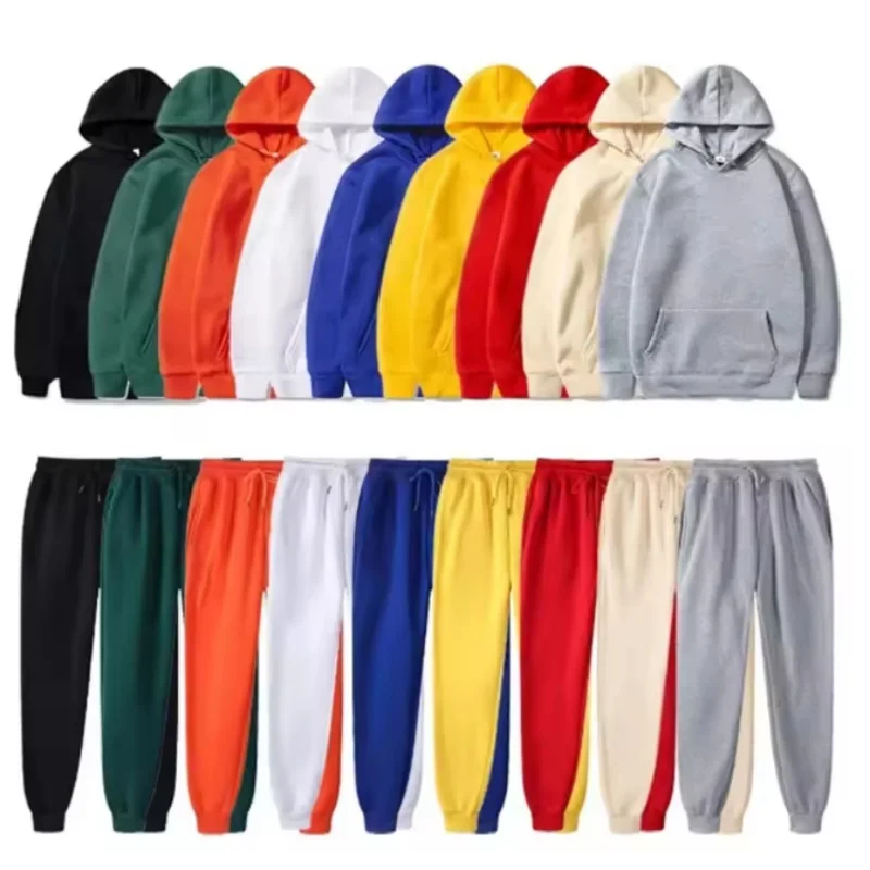 New Men Women Tracksuit Hoodies Casual Solid Color Thick Pullover and Long Pant 2-piece Set Men Autumn Fleece Jogger Sports Suit