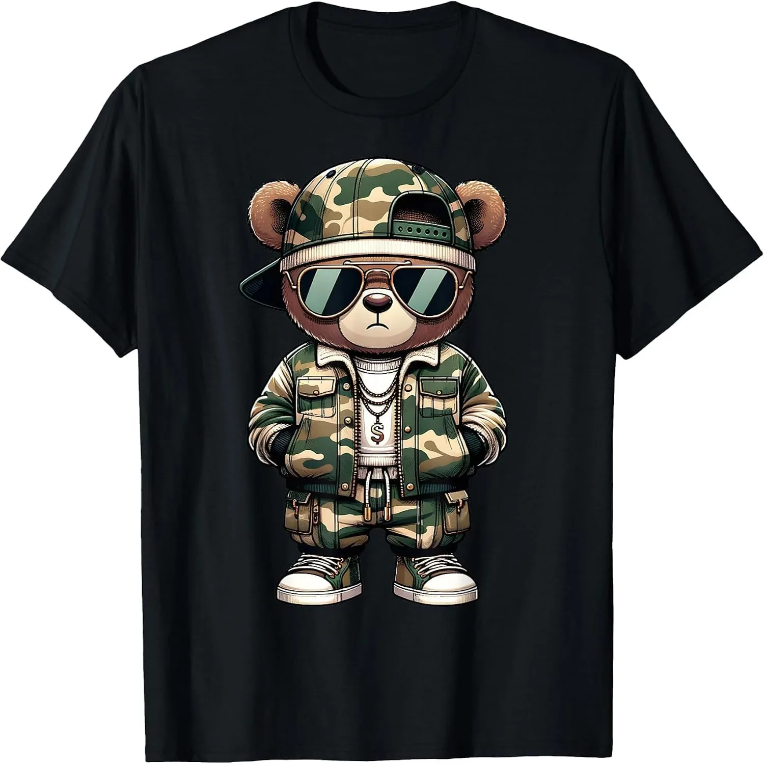 Hip Hop Camo Teddy Bear Cool Sunglasses Streetwear Graphic T-Shirt