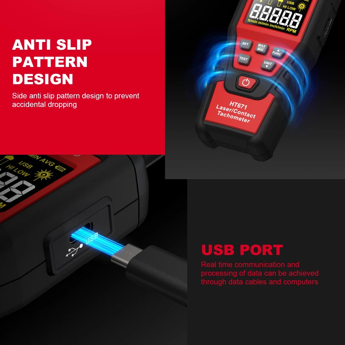 HABOTEST HT671 2-in-1 Kontakt- und Berührungsloser Laser-Tachometer (umschaltbarer Modus) 10-99999 Zählbereich Wiederaufladbarer Tachometer – Detail 14