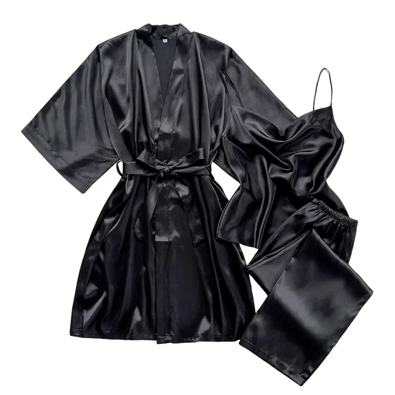 3 Piece V-neck Women's Pajamas Solid Color  Robe And Halter Pajamas Polyester Women's  Set Female Silk Satin