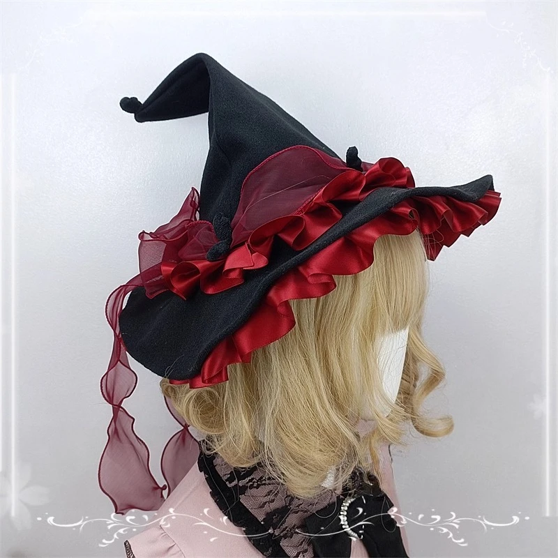 Cappello da strega di Halloween originale fatto a mano Cappello da mago a punta Cappello a cilindro gotico scuro Lolita per ragazze