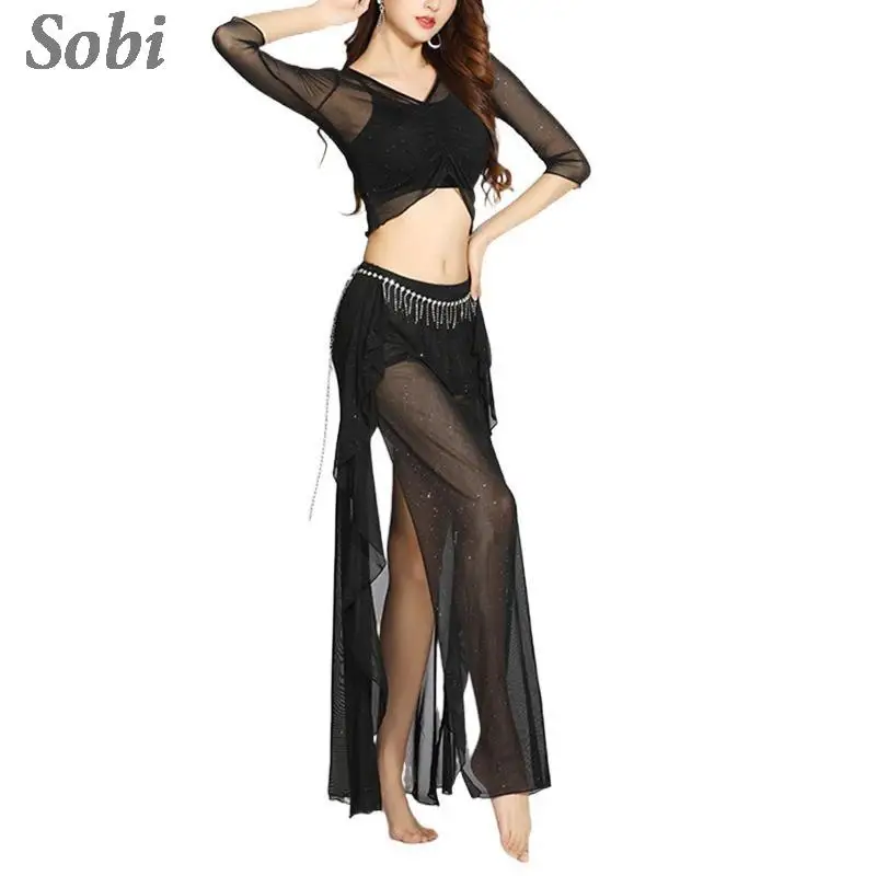 Orientalischer Tanz ouifit sexy Mesh Halbarm Top Split langen Rock Frauen elegante Wettbewerb Praxis Kleidung Bauchtanz tragen