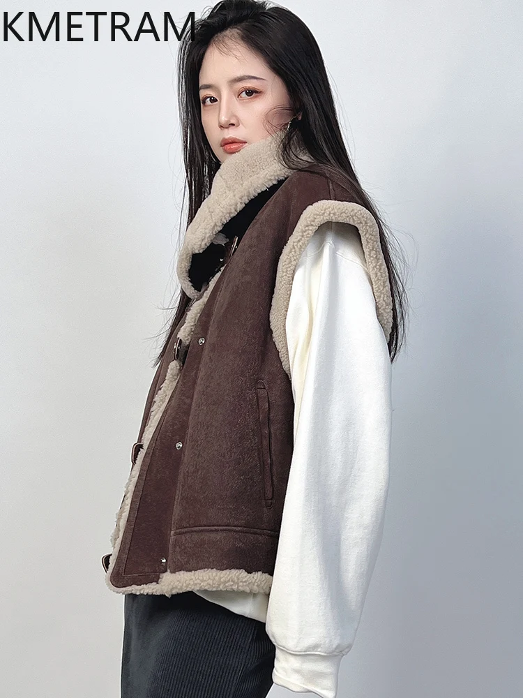 Damska kamizelka z prawdziwej wełny owczej, dwustronna, wysokiej jakości, motocyklowa, bez rękawów, zimowe ubranie 2025 шуба женская