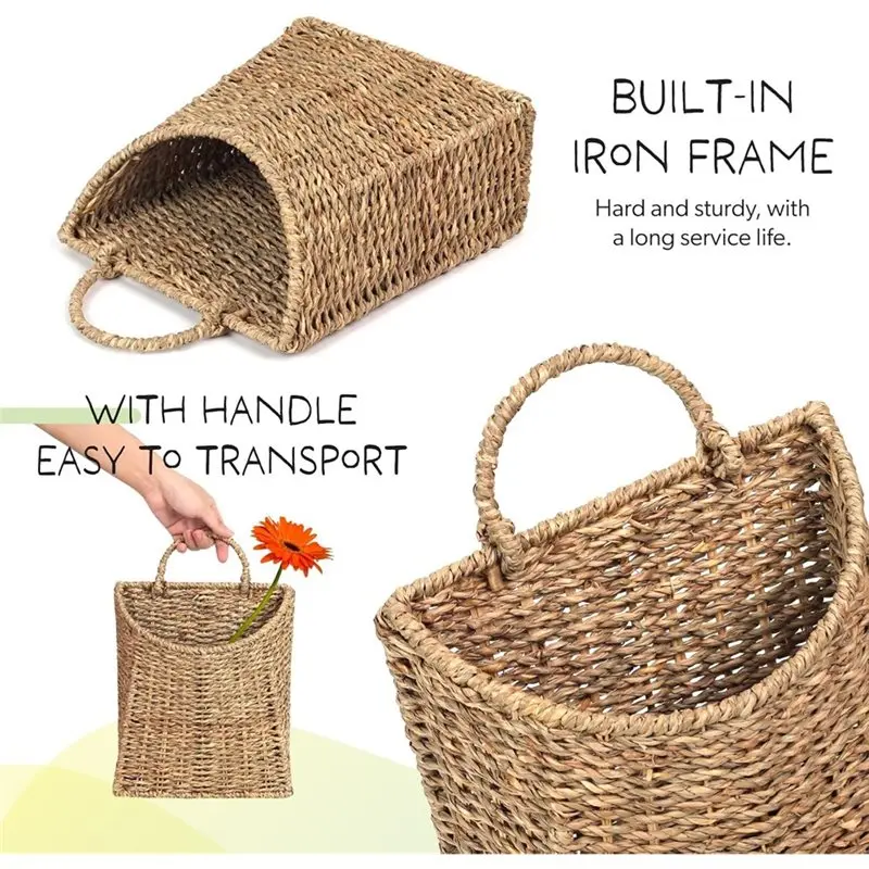 PZHI Woven Hanging Seagrass Wall Basket, Natural Wicker Storage Basket for Plants, Rustic Front Door Organizer for Home Decor