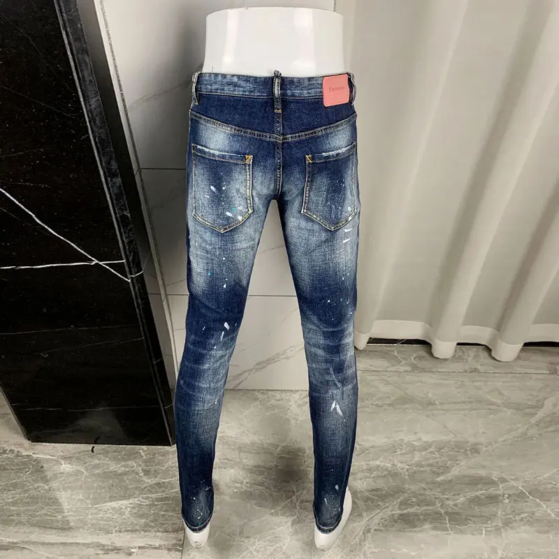 

Street Fashion Designer Men Jeans Retro Blue Stretch Slim Fit Painted Ripped Jeans Men Y2K Brand Vintage Denim Pants Hombre