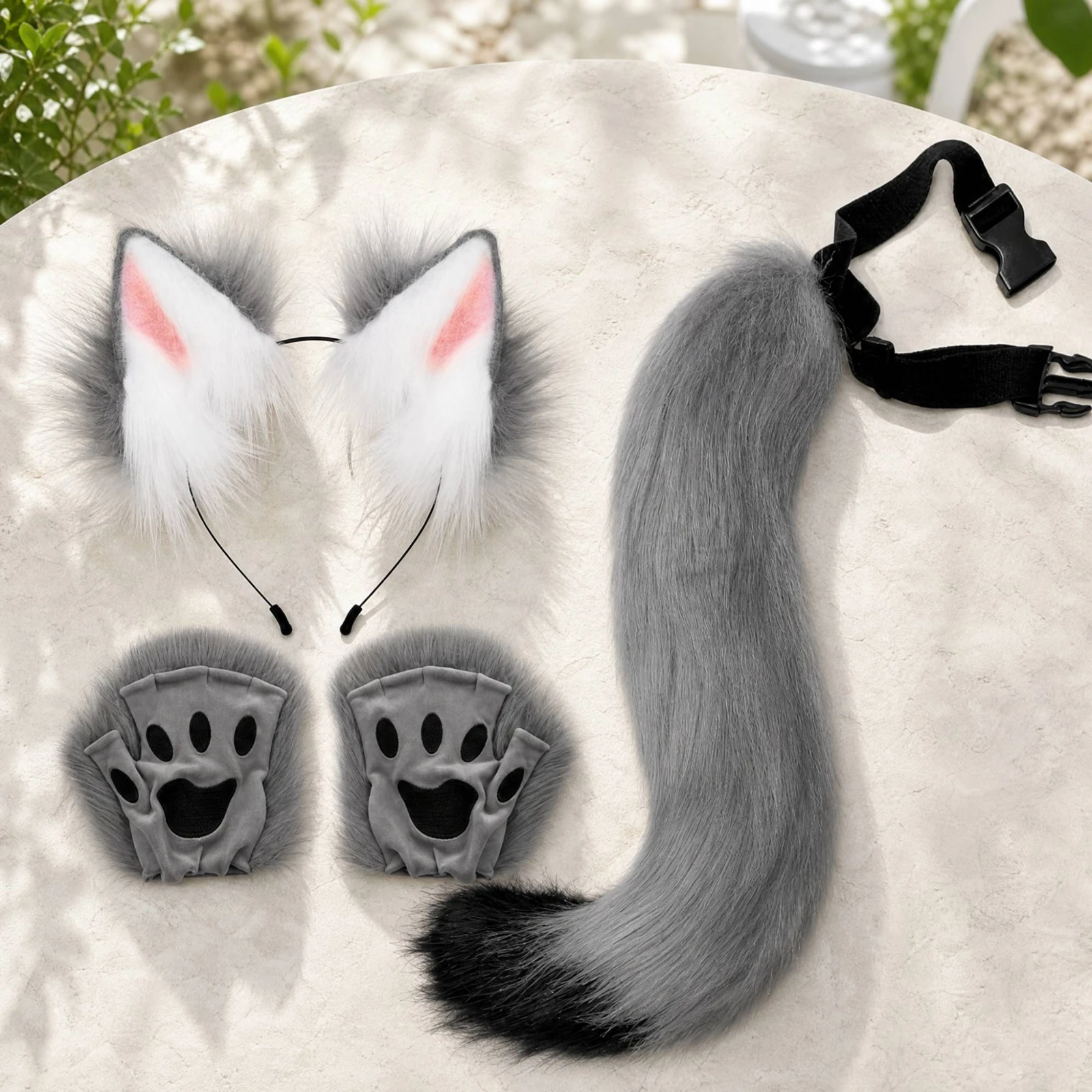 Animal Ear Headband and Tail Costume Set Plushy Soft Animal Cosplay Accessory Set with Adjustable Tail Strap Lightweight