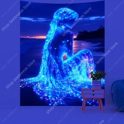 Beautiful Sexy Woman on The Beach UV Reactive Tapestry Wall Hanging Kawaii Room Decor Aesthetic Boho Home Wall Decor Yoga Mat