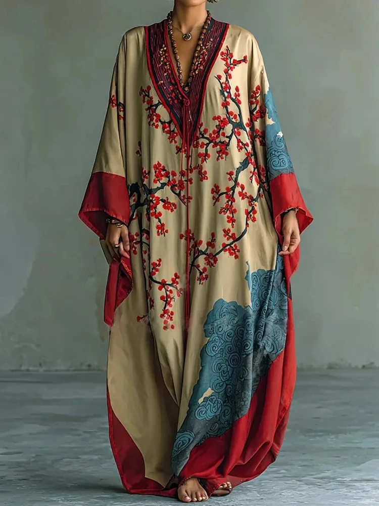 Damen Frühling Herbst V-Ausschnitt Schickes Maxikleid, Urlaubs-Mode Elegantes Langarm-Partykleid, 2026 Bedrucktes Patchwork-Damenkleid