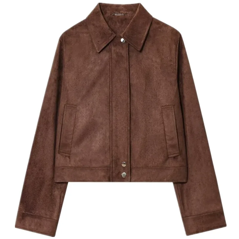 Automne 2025 nouveau manteau en cuir Jaet ort pour femmes Long Sve col rabattu vêtements d'extérieur Faionable dames ort vêtements d'extérieur