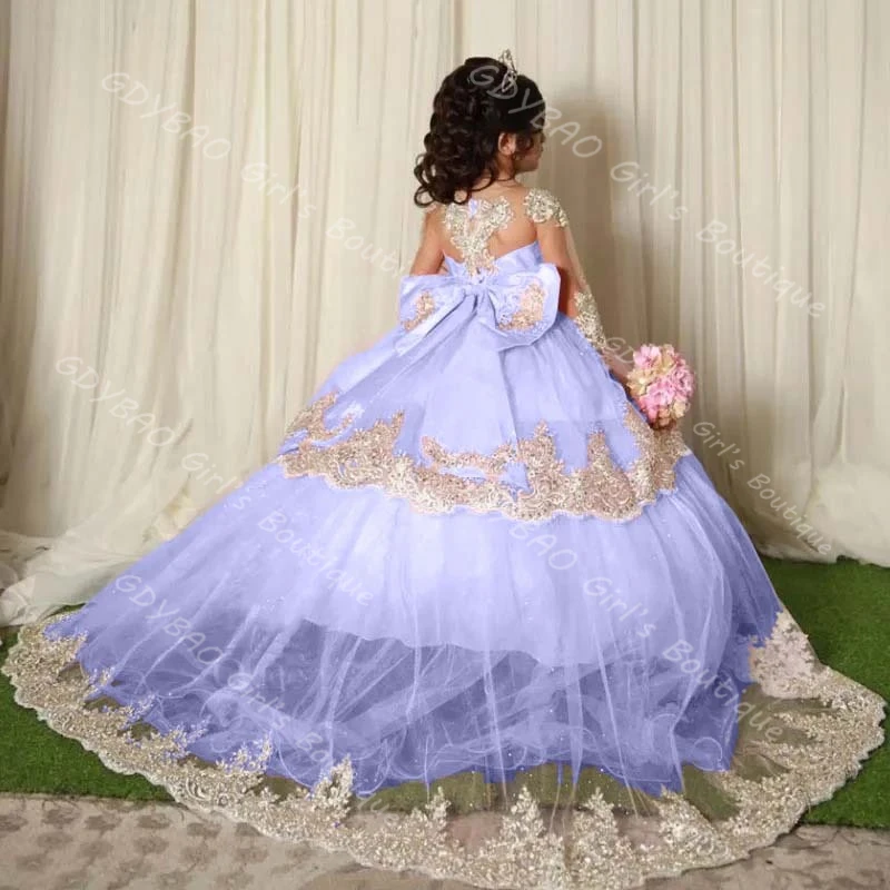 여자아이 공주 드레스, 트레인 레이스 아플리케 꽃무늬 드레스, 긴팔 티어드 튤 맞춤 웨딩 파티 볼 가운