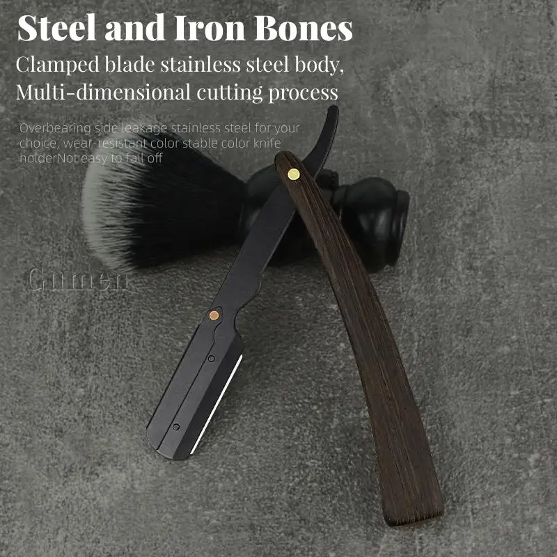 Men Stainless Steel Straight Razor Set Chicken Wing Wood Handle Barber Manual Folding Shaving Knife Beard Shaver With 10 Blades