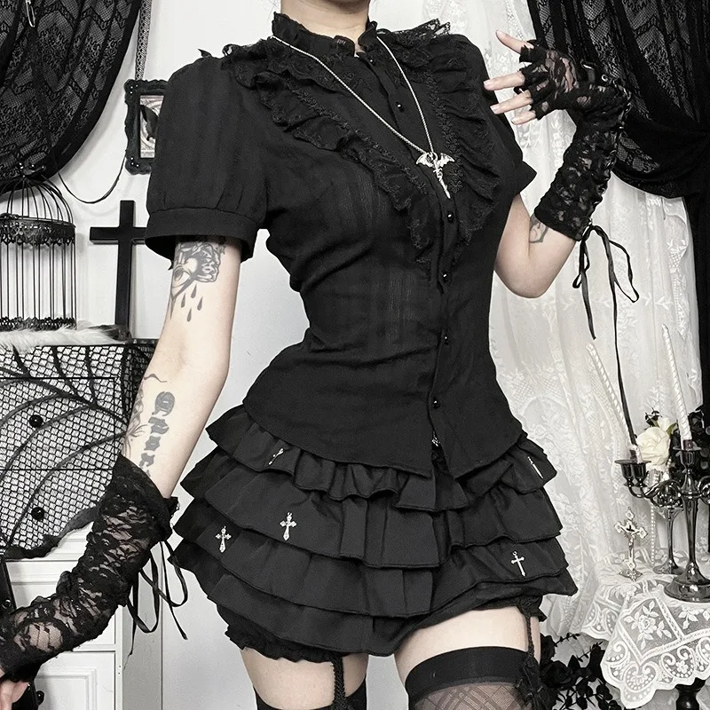 Camiseta Gótica de Halloween 2026 para Mujer, Negra, Corta, sin Mangas, Ajustada, de Verano, Minifalda, Estilo Y2K, Grunge, Punk, Lolita, Elegante, para Fiesta