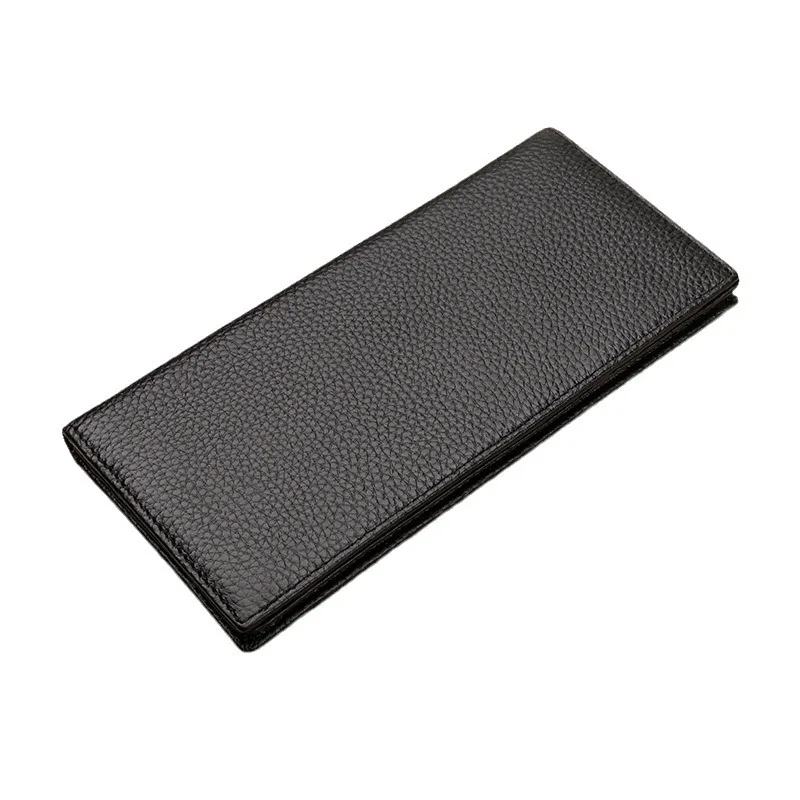 High End Business Sle Men's Long Genuine Leather Wallet Multi-Card Position Top Layer Cowhide Card Holder Pure Color Bla
