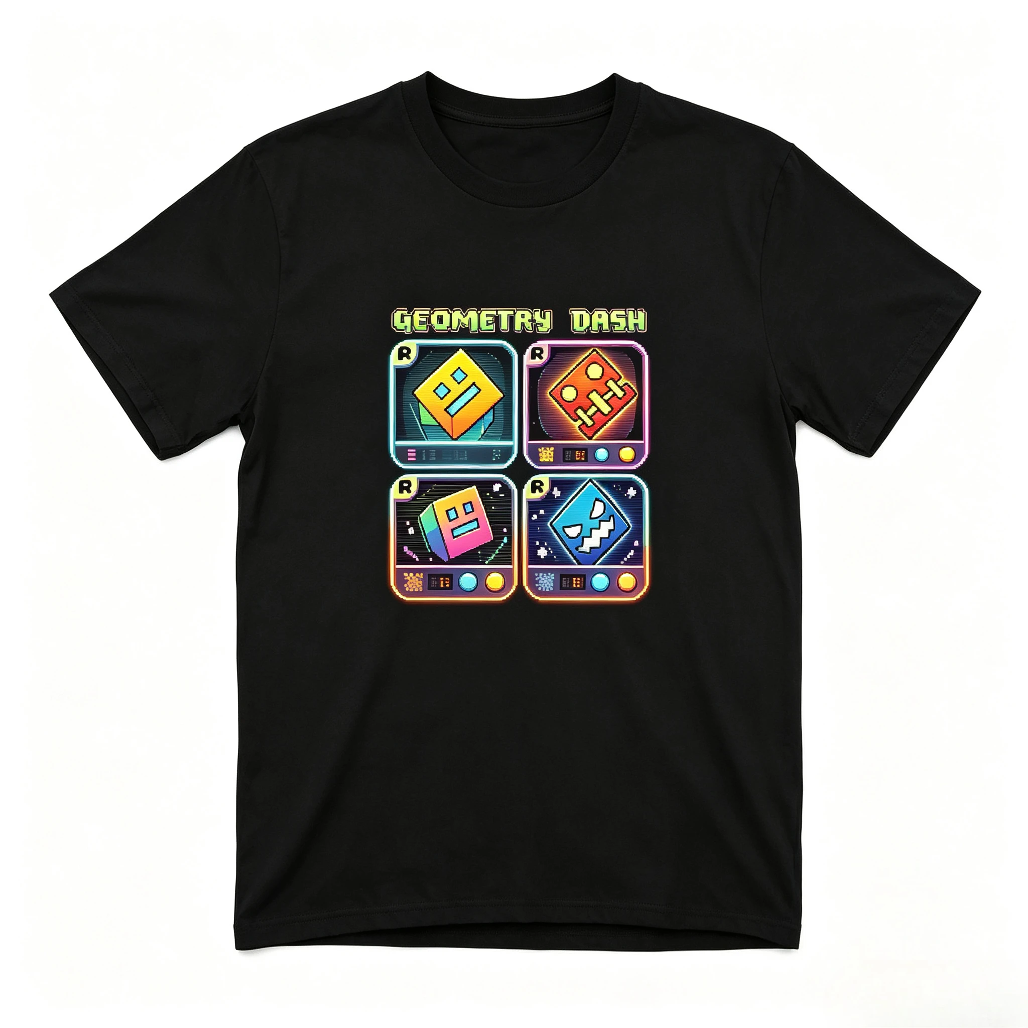 Geometry Dash Game Graphic T‑Shirt Men Retro Pixel Four Character Cards Print Crew Neck Gamer Short Sleeve Te