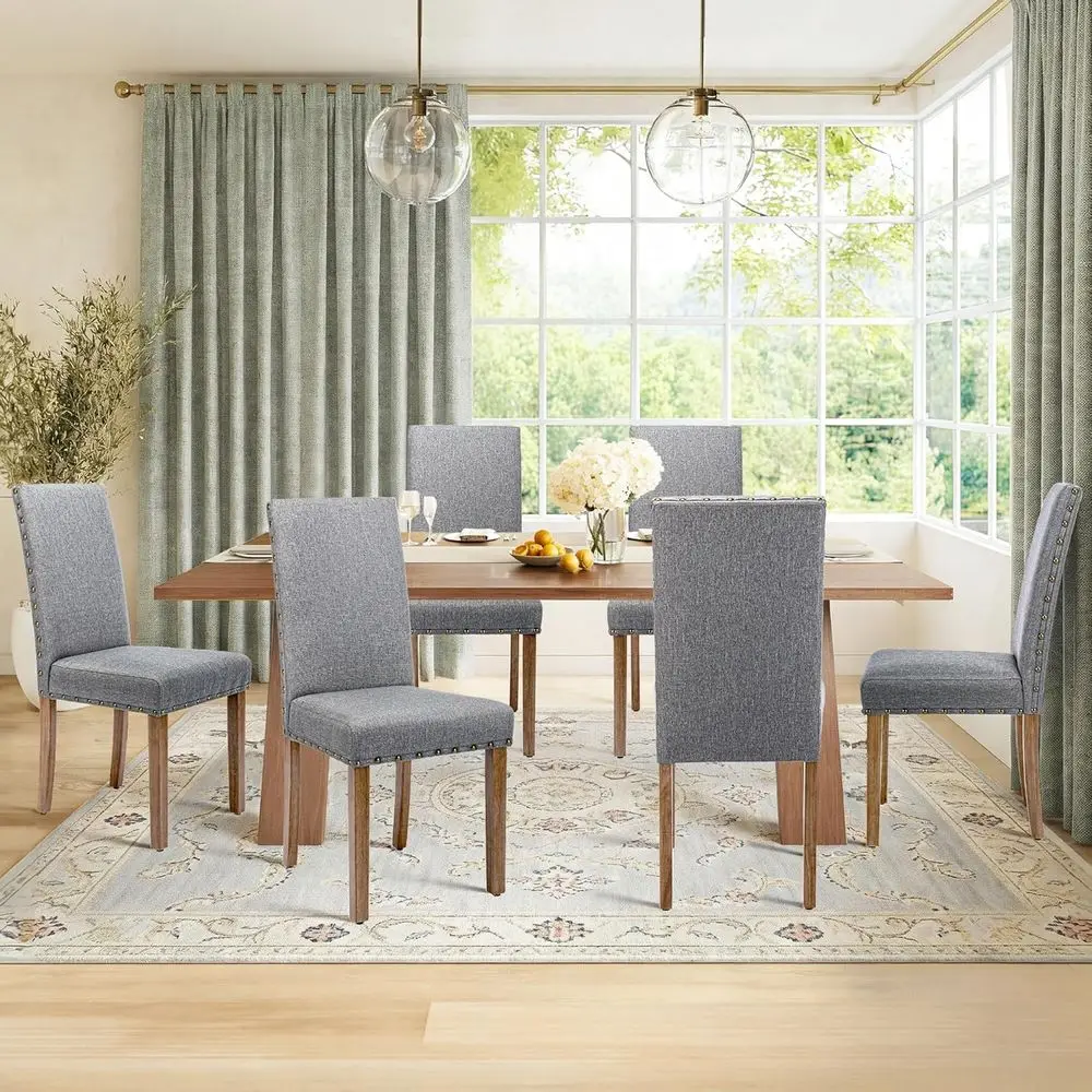 

Обеденный стул с мягкой обивкой, стильный, в стиле Парсонс, с высокой спинкой, бронзовыми гвоздями и деревянными ножками, комплект из 6 штук, серый