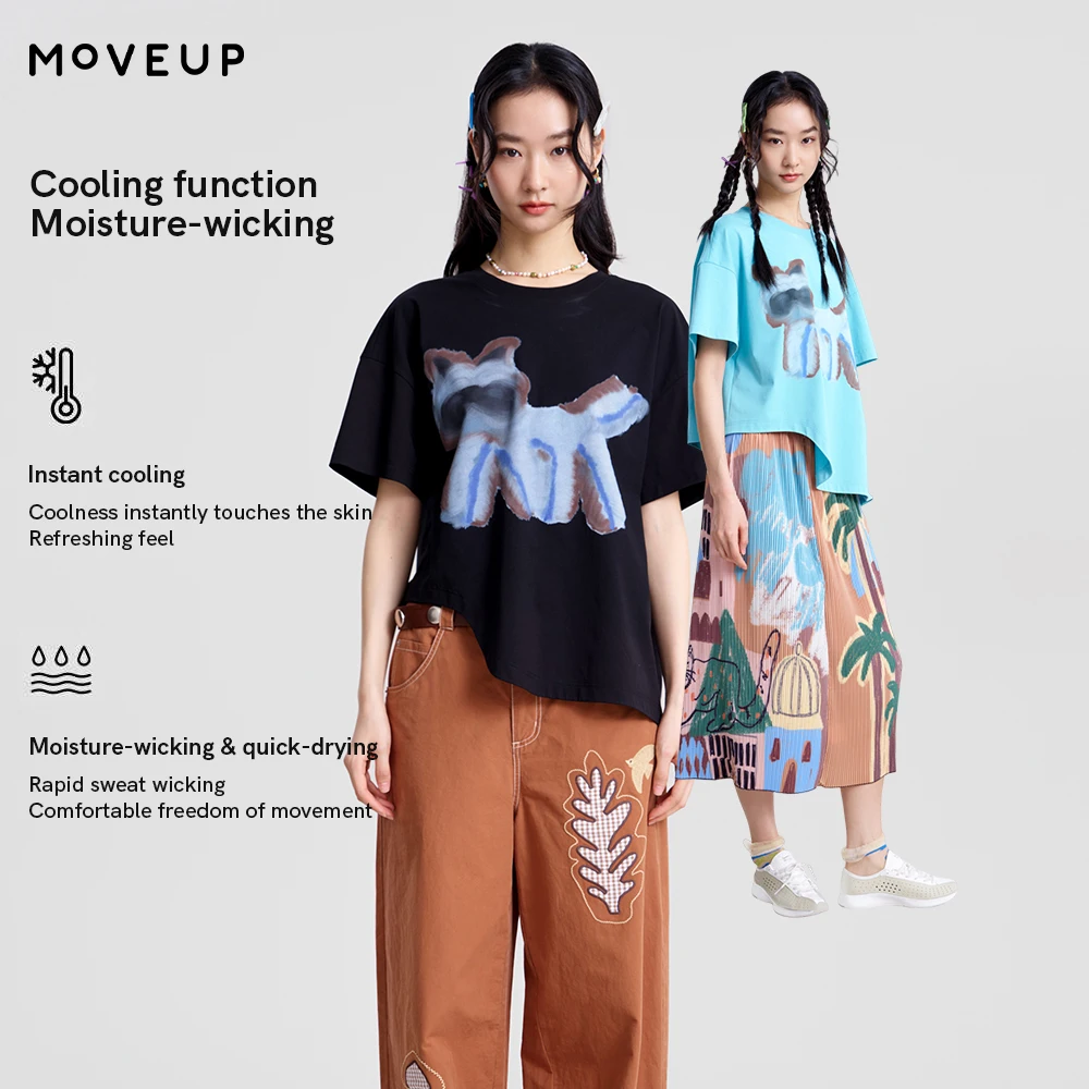 

Женская укороченная футболка MOVEUP, новинка весны 2026, с круглым вырезом, принтом щенка, асимметричным изогнутым подолом, коротким рукавом, повседневный топ 3ELC10569