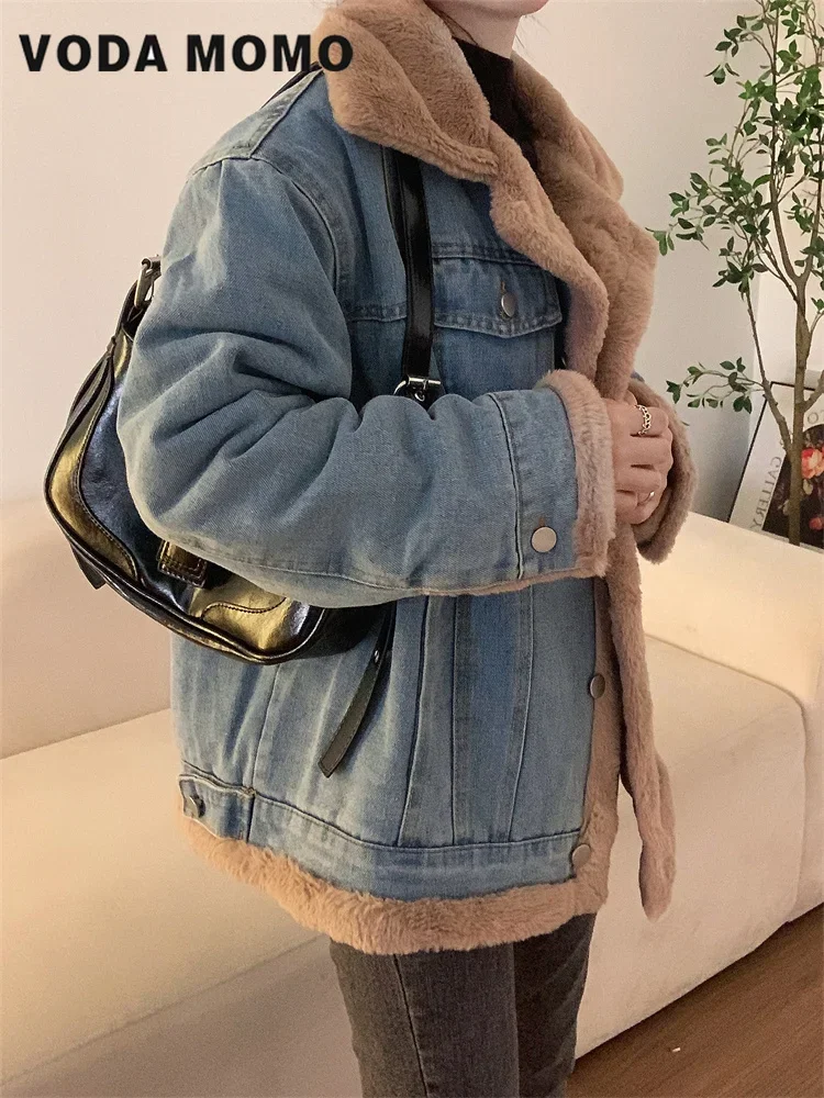 Winter Loose Casual Warm Jeans Coats Wear Fur Collar Long Sleeves Female Clothes Fleece Thicken Fashion Retro Denim Jacket Women