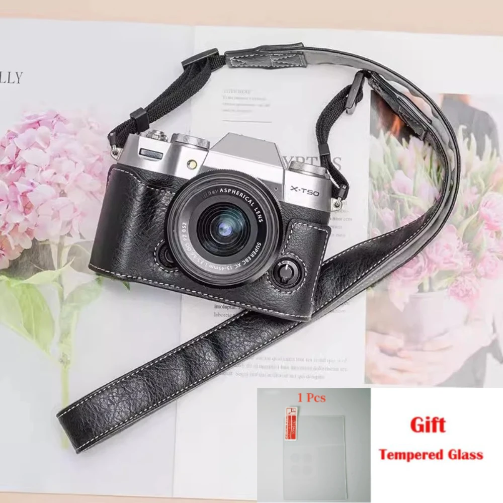 Micro-single camera bag For FUJIFILM XT50 Leather case X-T50 Portable half set,Shoulder camera bag Case+1PCS Free Tempered Film