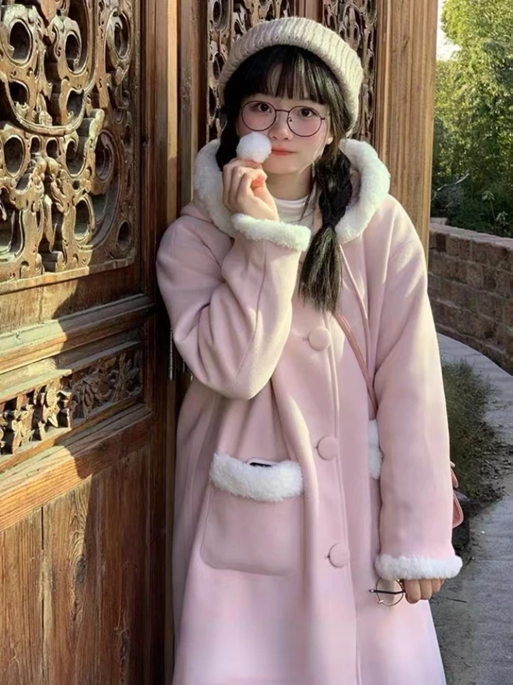 Japanese Kawaii Lolita Wool Coat Women Pink Sweet Pockets Cute Hooded Jackets Female Korean Casual Loose Coat Warm Winter 2024