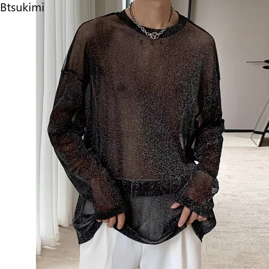 2024 Men\'s Long Sleeve Mesh T-Shirts Black Perspective Club Nightwear Mesh Bottom Shirt Male Shiny Performance Shirts Clothing