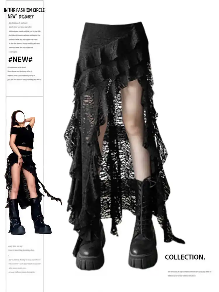 

Women Black Gothic Low Waist A-line Skirt Vintage Y2k Asymmetrical Lace Skirt Harajuku Mid Long Skirts Emo 2000s Clothes Summer