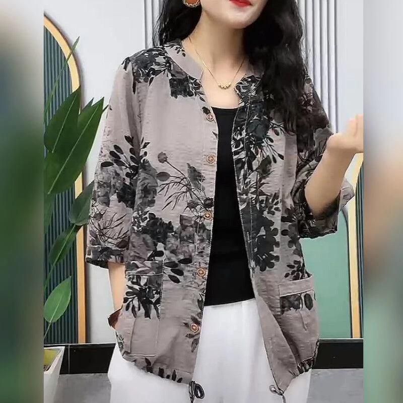 Summer New Round Neck Fashion Half Sleeve Shirt Women Cotton Hemp Vintage Printing Cardigan Pockets Button Drawstring Chic Tops