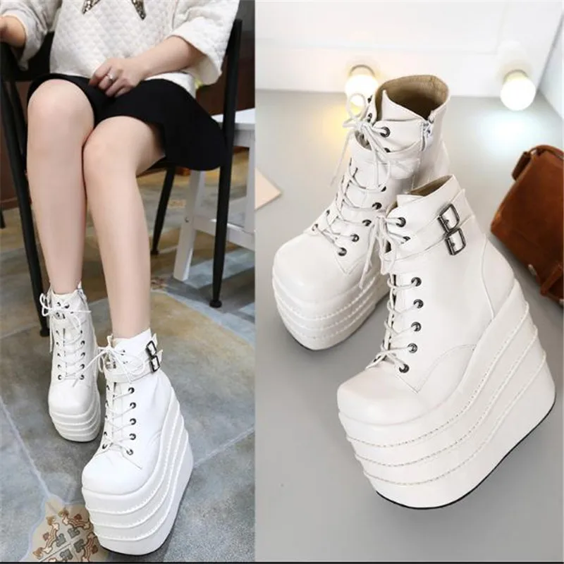 Size 35-41 Botas Mujer Plataforma Winter Womens Boots Punk Style White Wedge High Heel Boots Lace Up Wedge Platform Boots