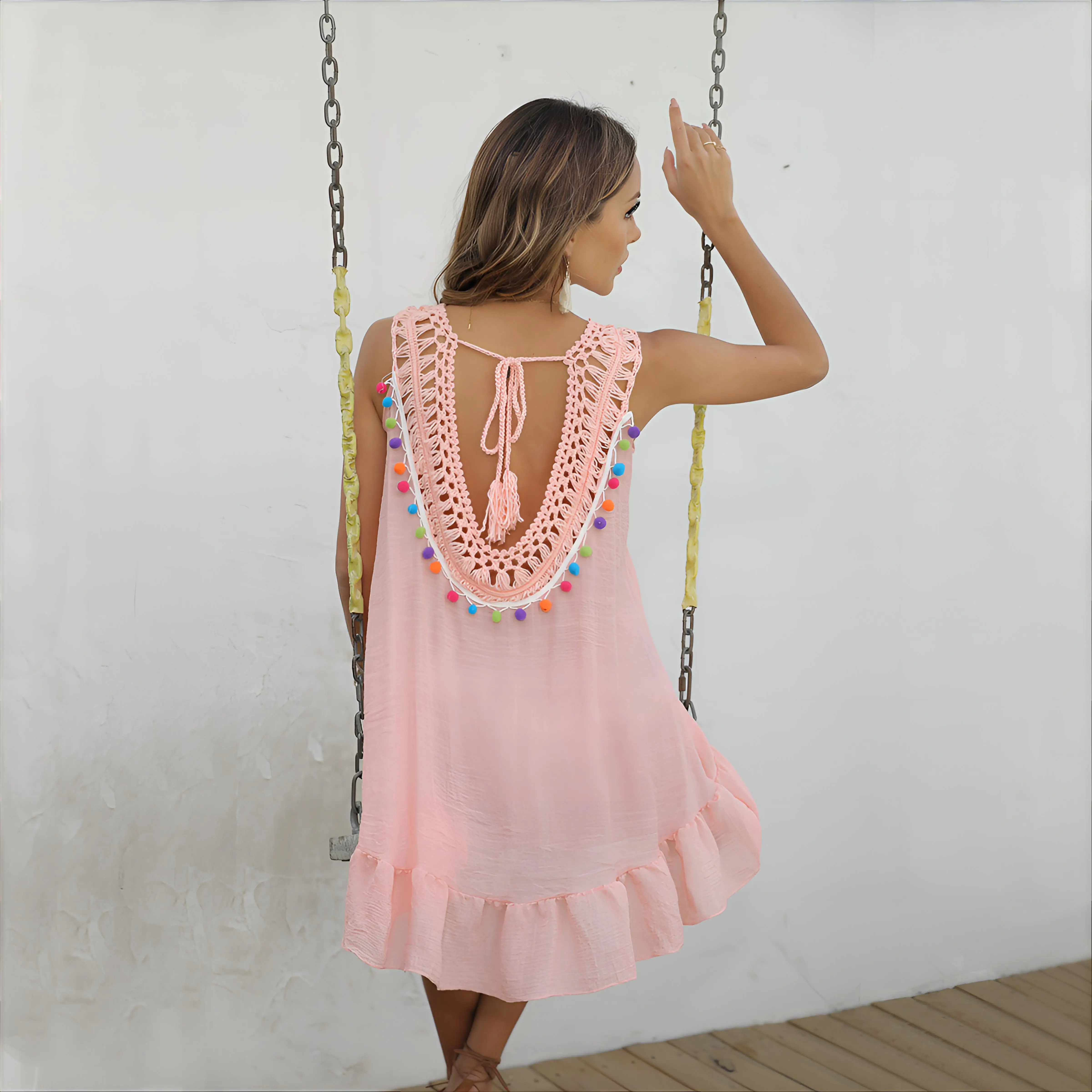

Cover Up Gold Beach Women V Back Printed Hollowed Irregular Accessories Nightclub European Style Frills Pink Dress Sexy Heart GF