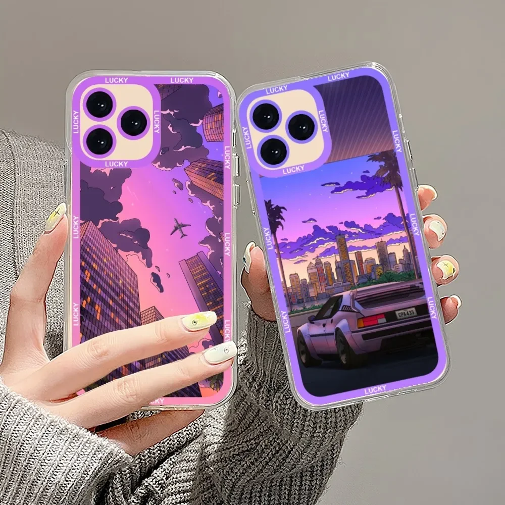 Purple Sky Cloud Scenic Vehicle Phone Case For Samsung S21 S22 S23 PLUS lite ULTRA Transparent Border Shell