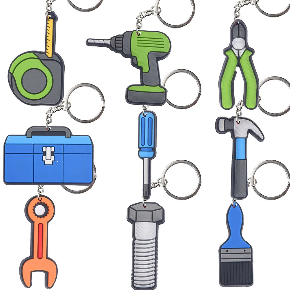 1pcs Cartoon Hammer Tool Keychains Boys Girls Toolbox Keyrings Kids Brush Key Chains Electric Drill Key Rings For Birthday Gifts