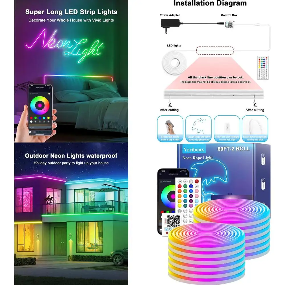 

Гибкие светодиодные неоновые ленты RGB, управление через приложение/пульт, несколько режимов, водонепроницаемость IP65, для наружного освещения, синхронизация с музыкой для игр