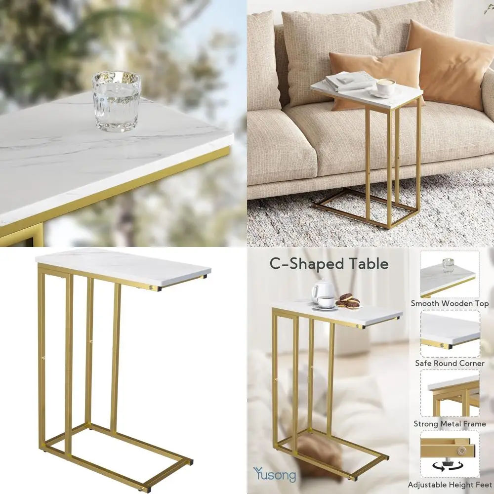 

Space-Saving C-Shaped Side Table with Gold & White Marble Top for Sofa, Bed, or Small Living Areas