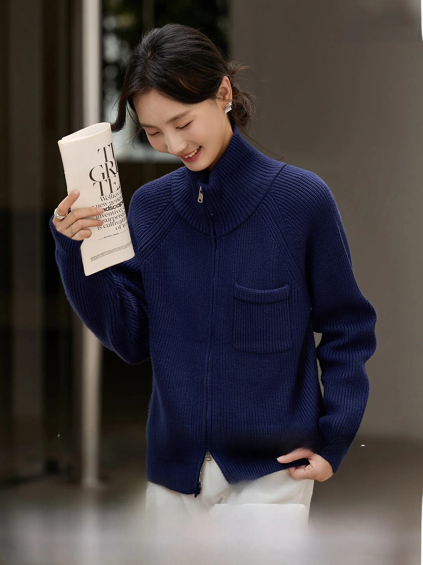 

Свободный вязаный кардиган с высоким воротником на молнии, женский, в стиле оверсайз, зимний, новая модная коллекция, свитер-жакет, топ из мягкой вискозы и полиэстера