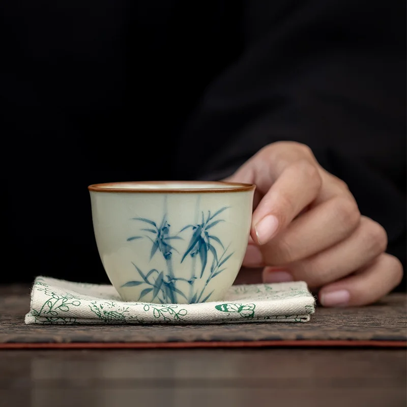 

Hand Painted Bamboo Leaf Yellow Ru Ware Tea Cup Household Kung Fu High-Grade Personal Ceramic Single Set