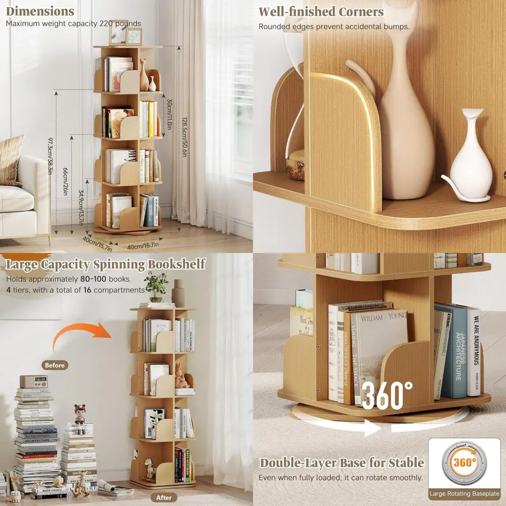 

Rotating Bookshelf, 4 Tier Spinning Bookshelf Tower for Small Space, Kids Bookshelves 360 Display, Revolving Bookcase Floor Stan