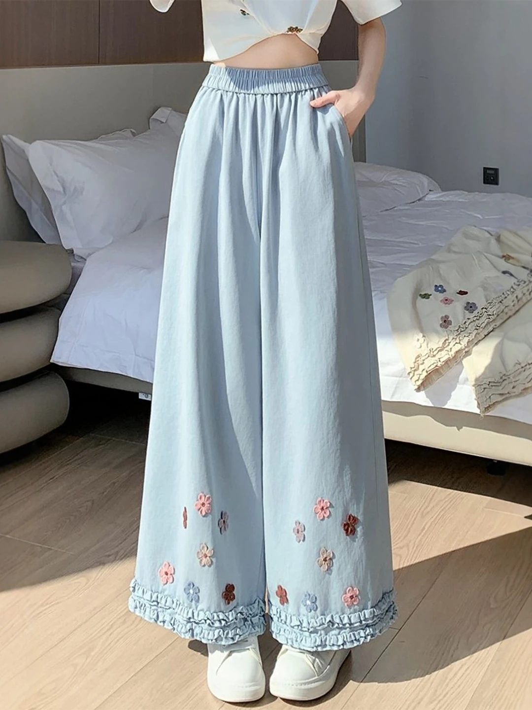 

Blue High Waist Cotton Wide Leg Pants Women's Summer New Style Wooden Ear Casual Trousers Floral Washed Design Straight Cut