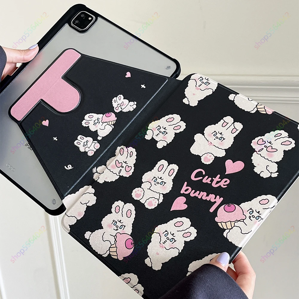 360 Rotation Cartoon Rabbit Case for IPad 10.2/9.7/10.5/11 Inch Pro 12.9 13 Inch 2024 Air 5/4 10.9 10th Gen Pencil Holder Case