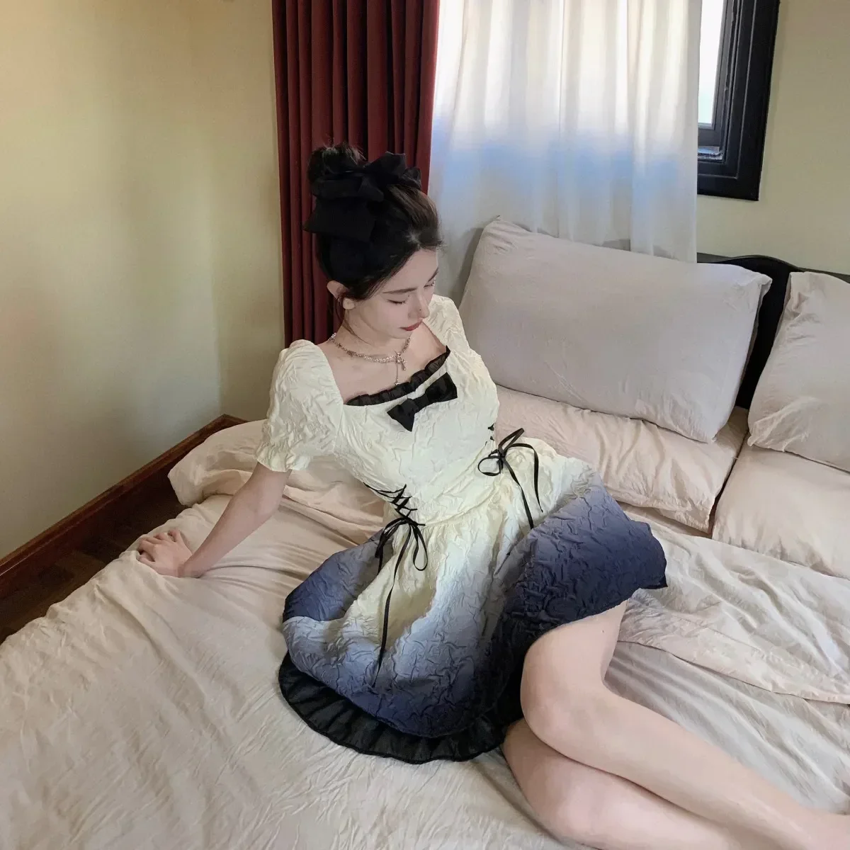 Mini vestido rosa de Lolita para mujer, vestido bonito de fiesta de princesa con lazo rosa, vestido de hada elegante de corte a, gran oferta de primavera 2025