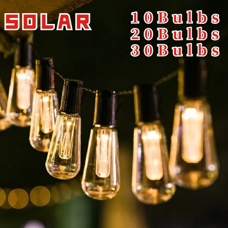 LED Solar Light Outdoor Waterproof Christmas Decoration 10-30 Bulbs Retro Camping Garland String  Lights Fairy Garden Solar Lamp