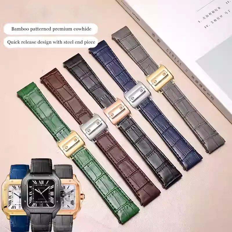 Bamboo patterned genuine leather watch strap For Cartier cowhide leather quick release watch band for Santos Folding clasp
