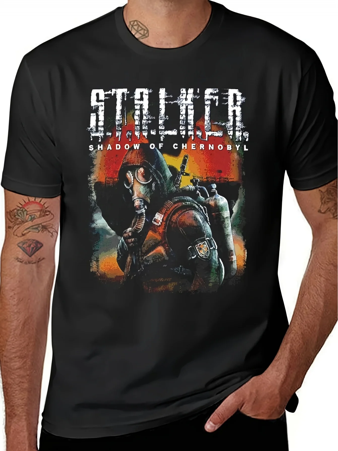 Men's Stalker Chernobyl Video Game T-Shirt Vintage 80s Retro Gaming Tee with Iconic Chernobyl Character Radioactive Print