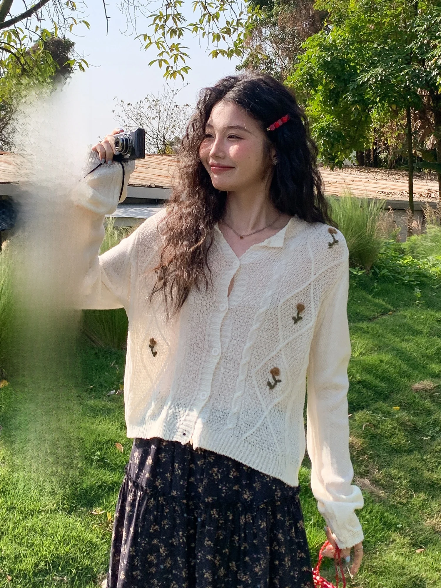 

White Hollow out Thin Knitted Open Cardigan Women's Summer New Design Loose Top Gentle Style Lantern Sleeve round Neck Long S...
