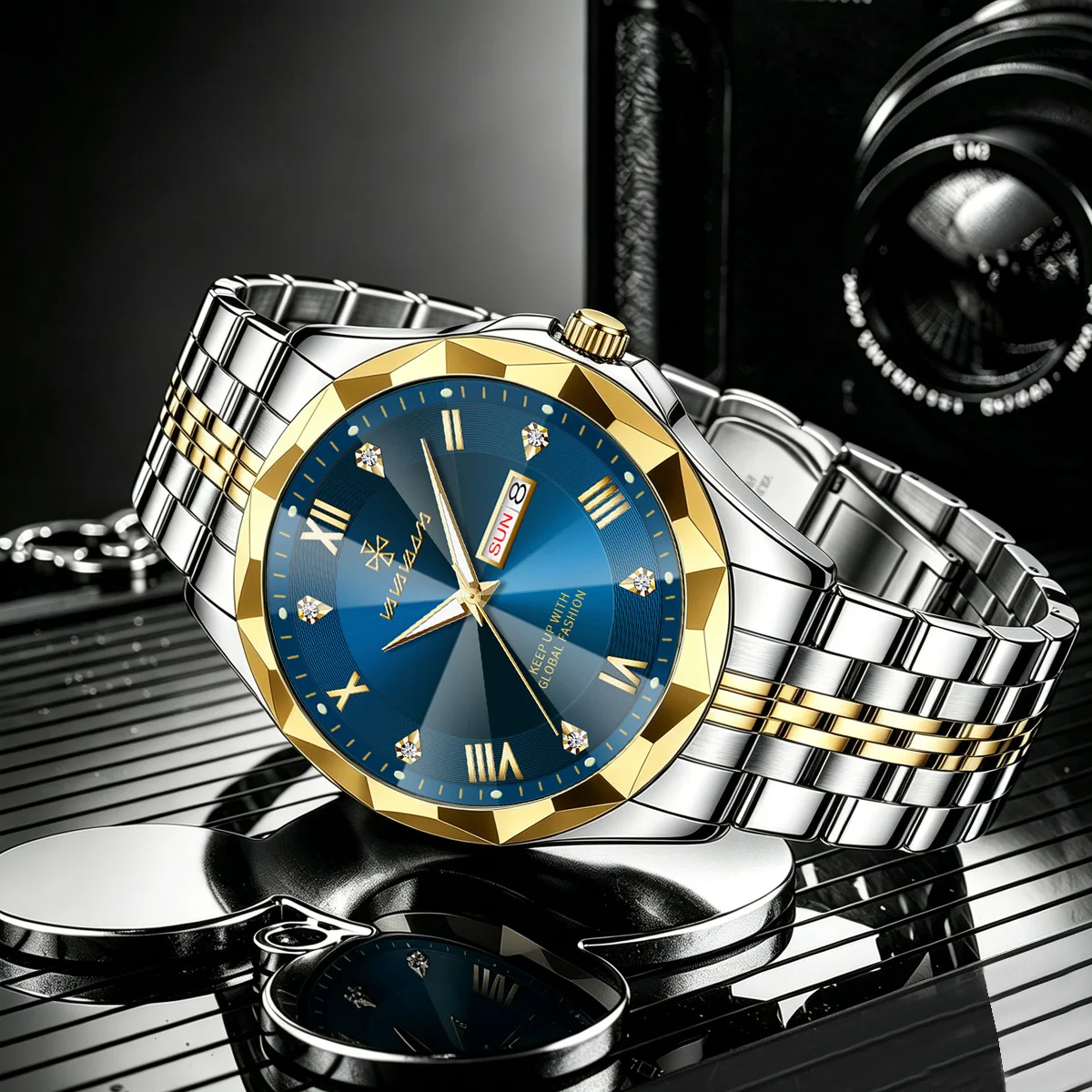 Men Watch Silver Stainless Steel Strap 42mm Classic Business Style Dial Diamond Scale Week Calendar Original Quartz Mans Watches
